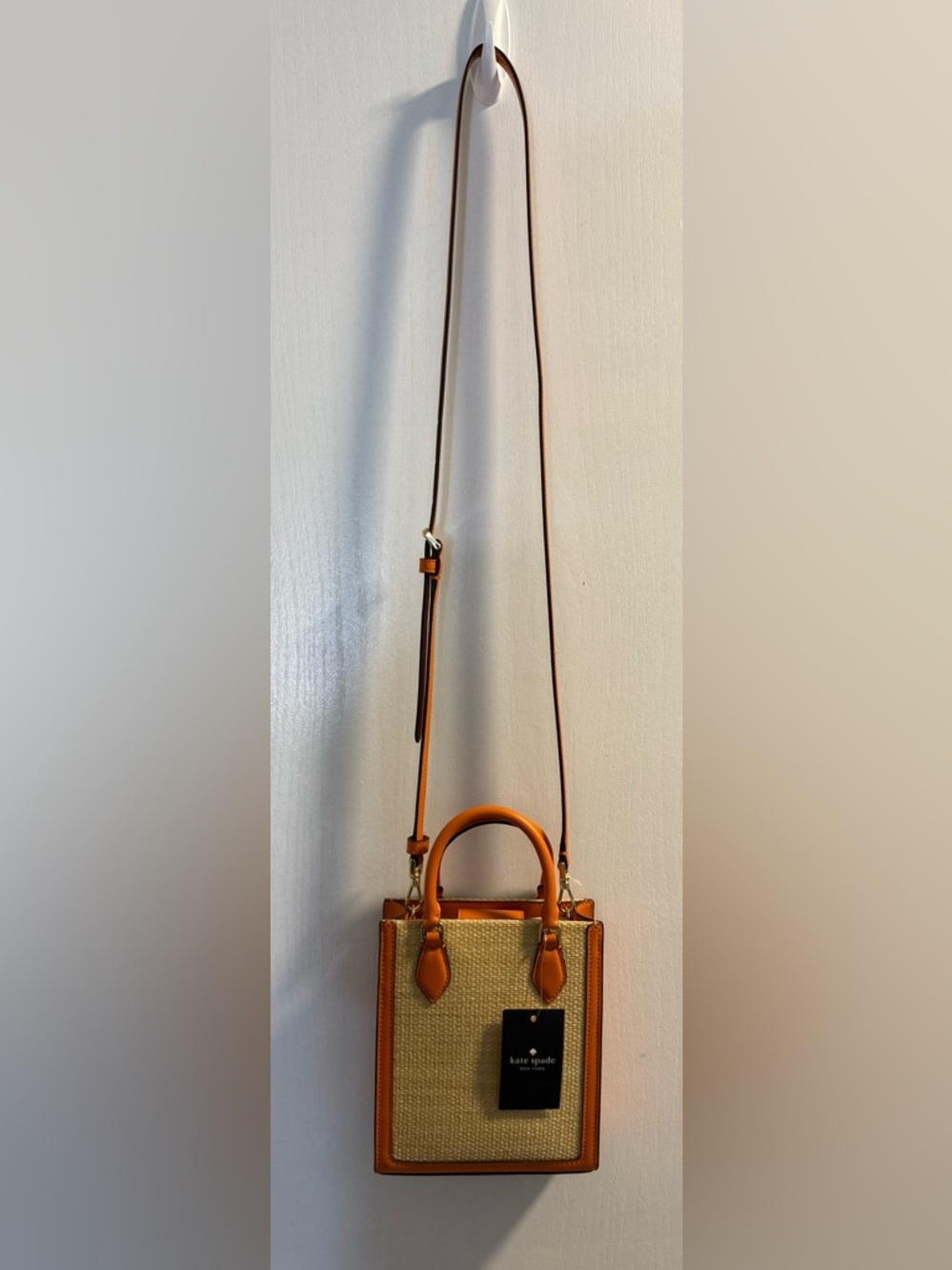 NWT Kate Spade Mini Ellie Tote Orange Leather with Tan Straw Canvas - Picture 2 of 12